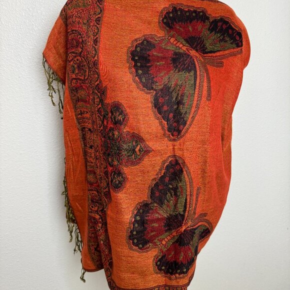 Reversible Scarf Shawl Black Terracotta Butterflies 100% Pashmina - Picture 5 of 7